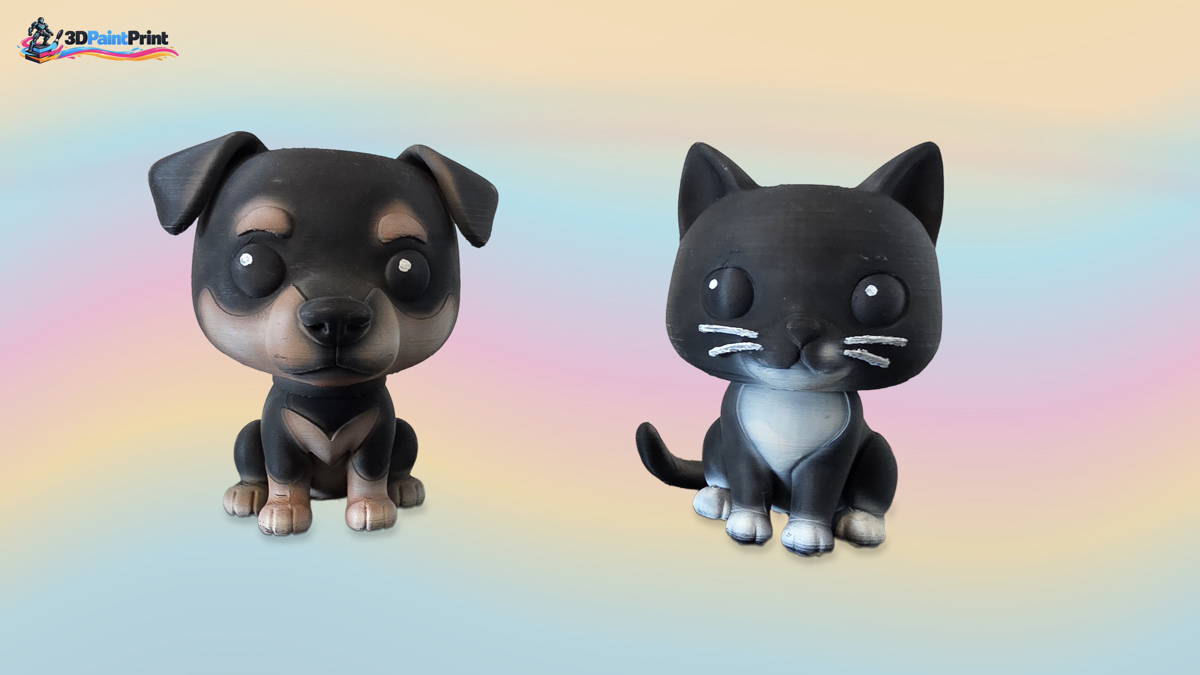 Small printed and hand-painted dog and cat figures.