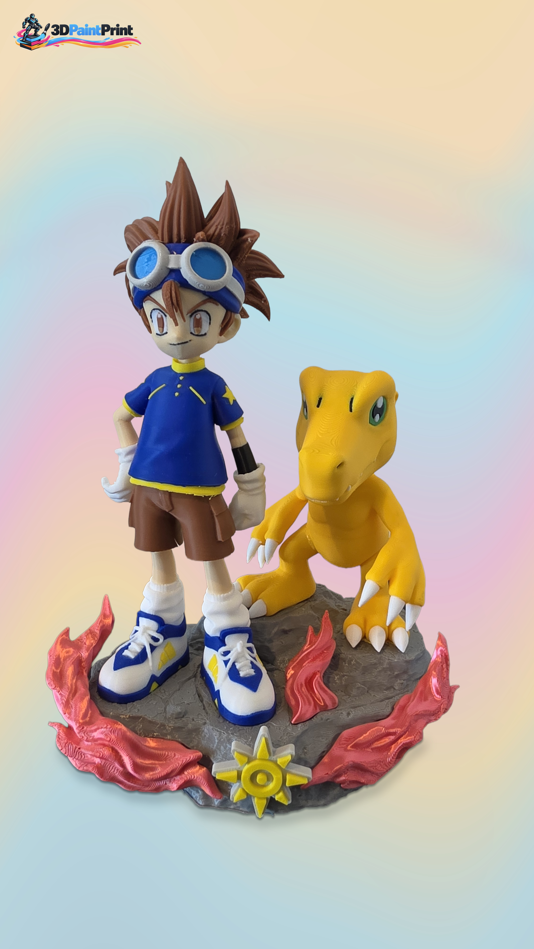 Multicolour FDM goggles-wearing boy and yellow creature on a complete decorative base.