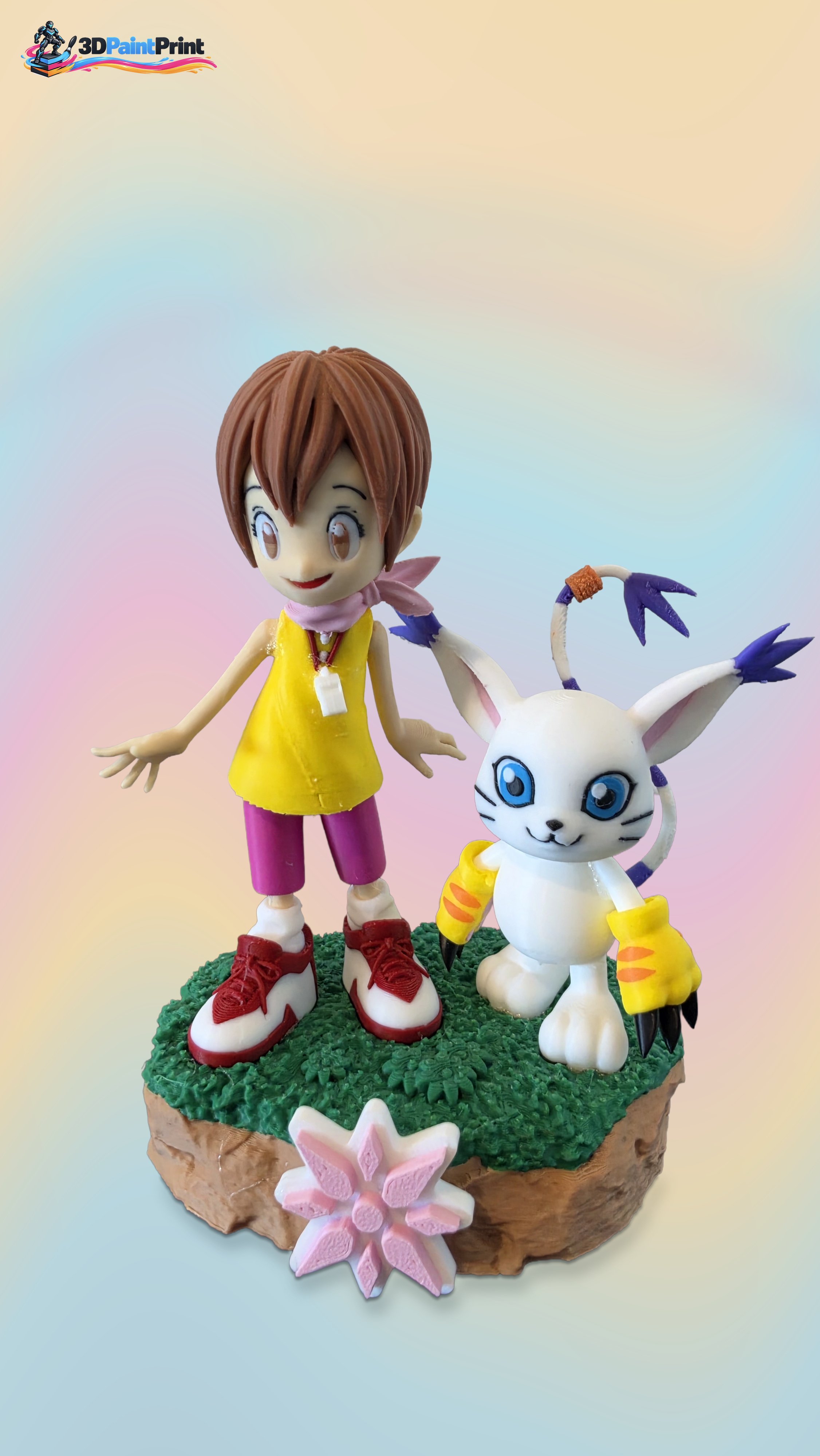 Multicolour FDM girl and long-eared white creature on a flower-decorated base.