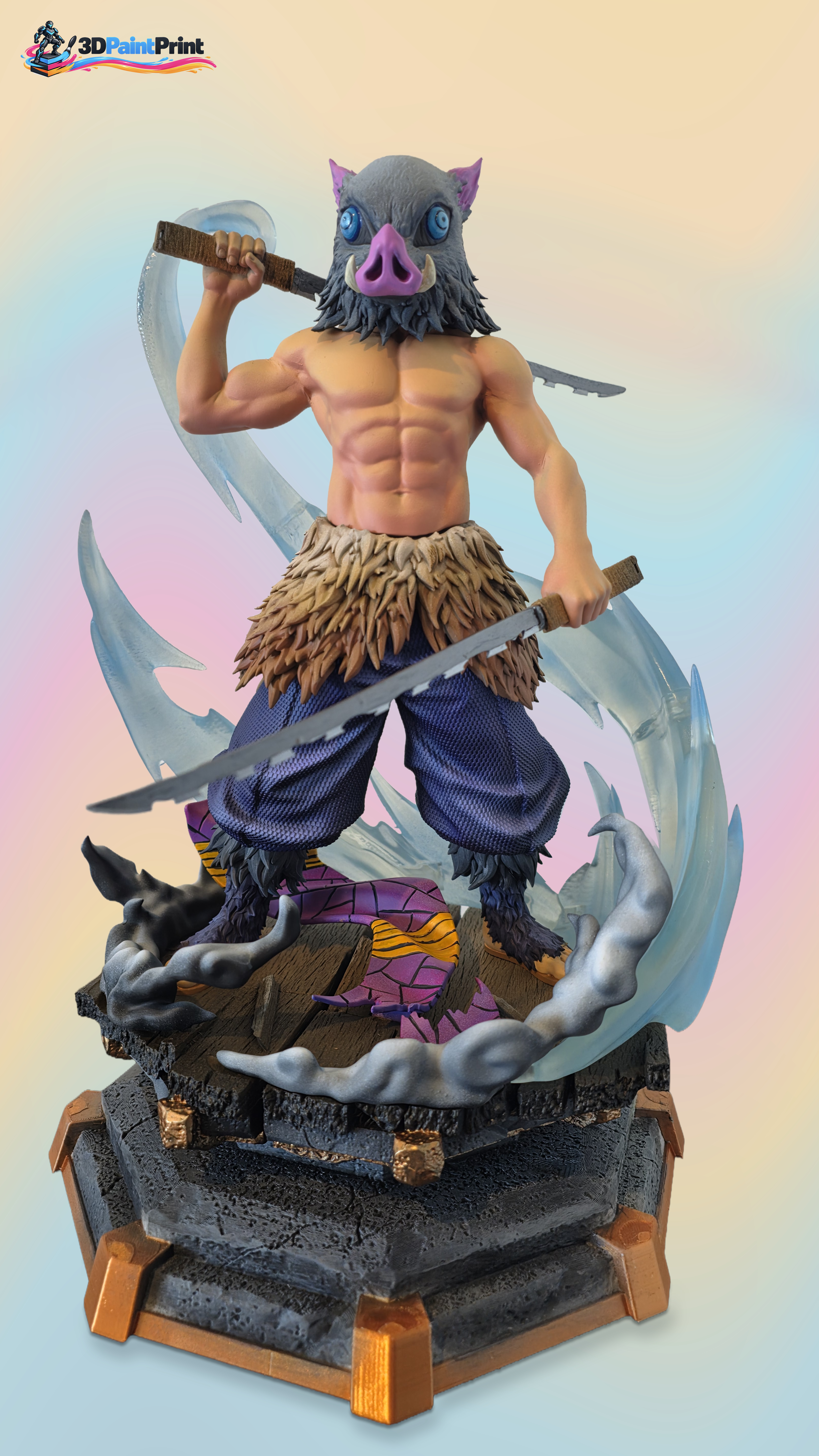 Front-facing hand-painted resin boar-head swordsman, with both swords, blue effect and complete decorative base.