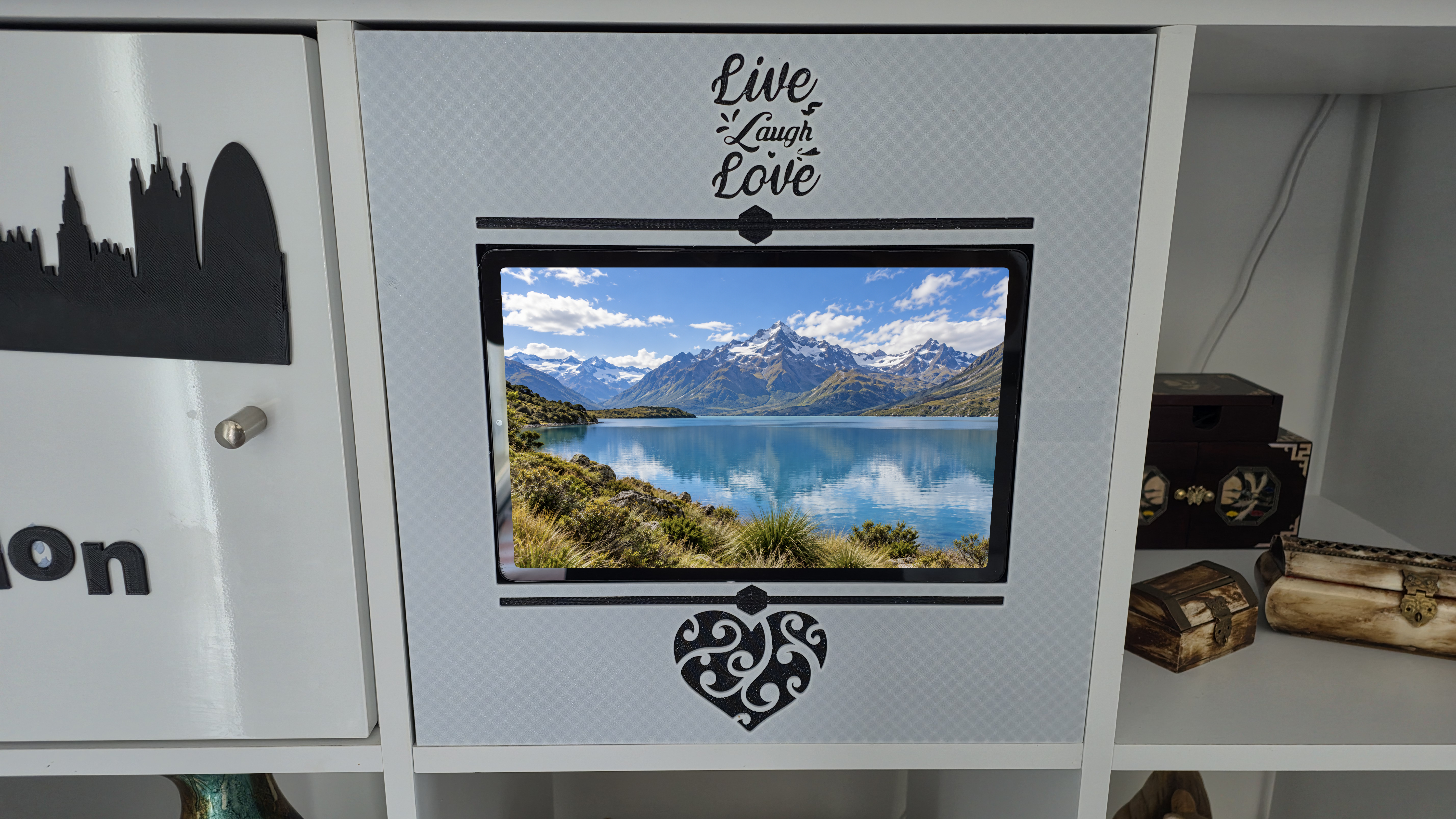 The finished tablet holder in the shelving display.