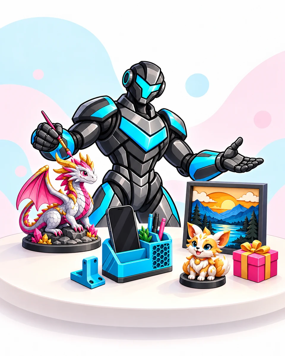 Concept illustration of our robot painting a dragon figurine beside practical parts, a personalised character gift and layered picture art.